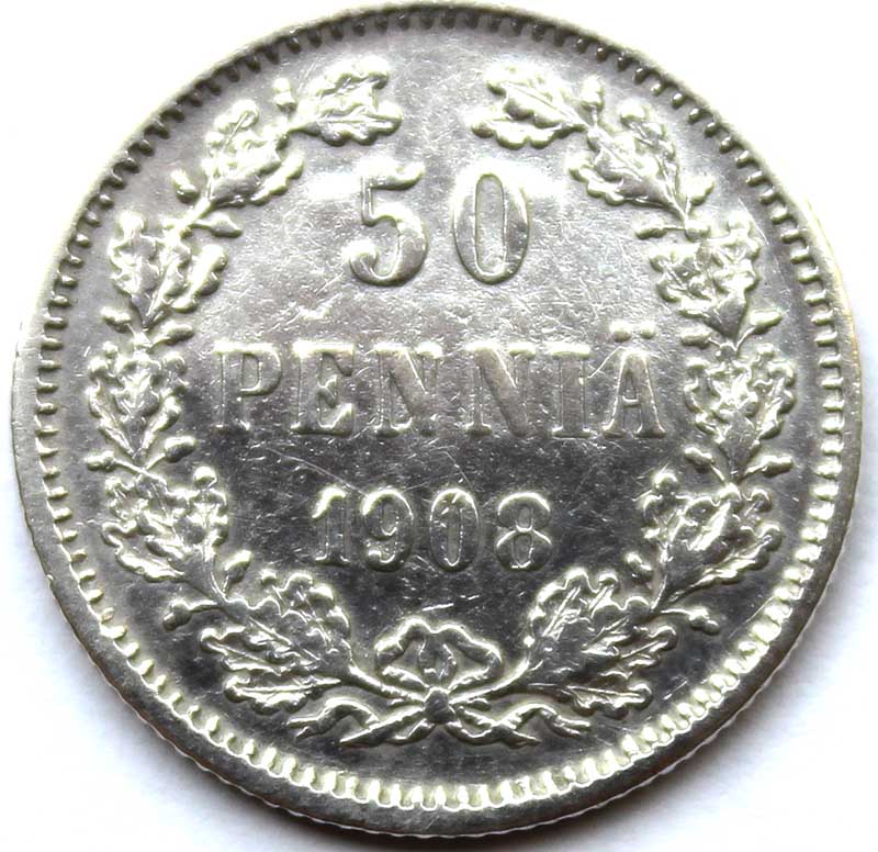 50 пенни - Русская Финляндия, 1908 год, серебро